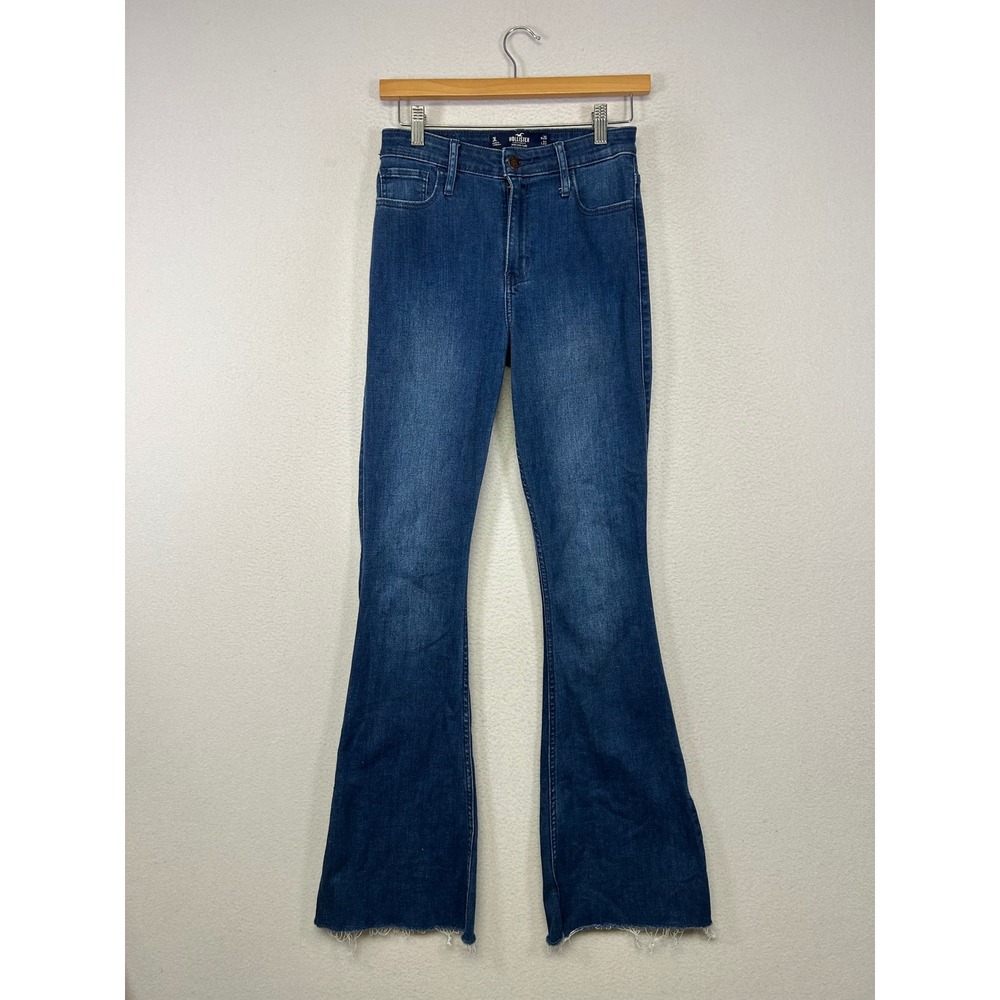 Boho 70s Hollister Women 3L W26 L33 Dark Blue High Rise Flare Raw Hem Jeans